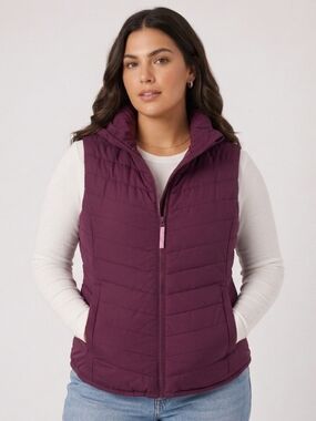Women's Medium Berry Wine Red Puffer Vest Chevron Quilted Burgundy